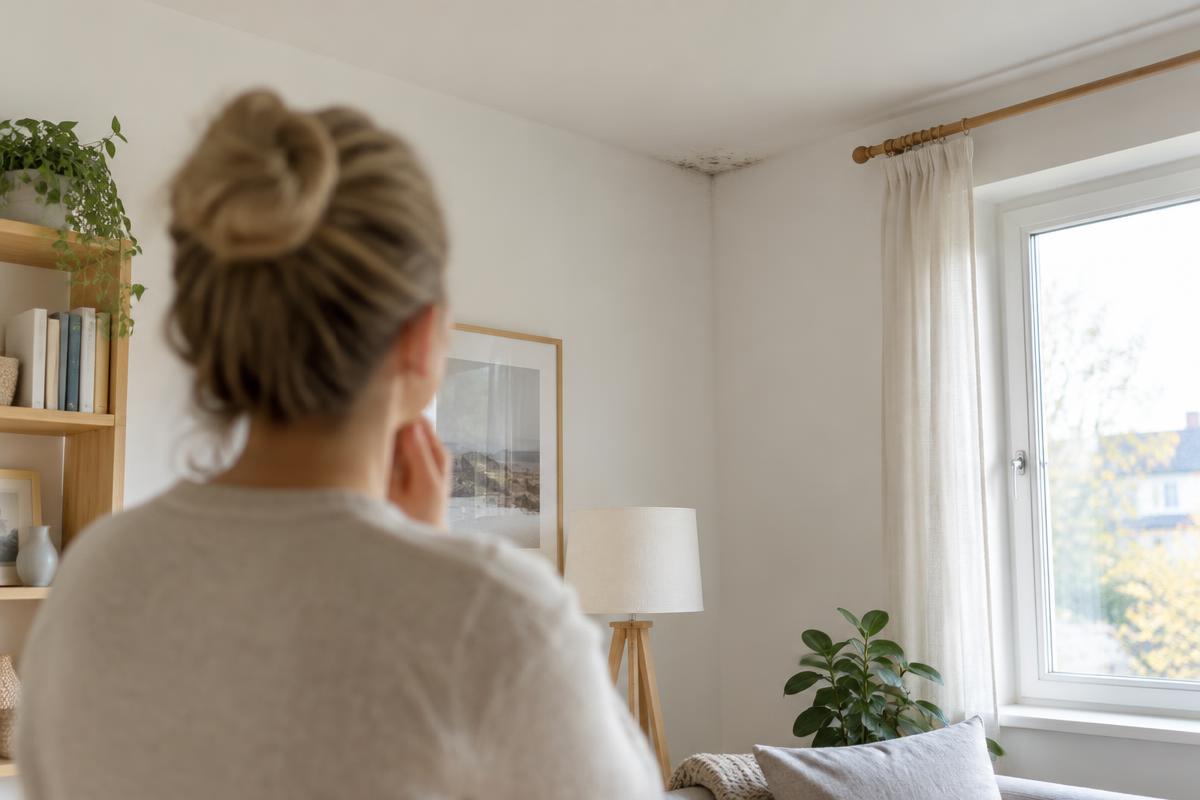 Person i en lys stue ser bekymret op mod et loftshjørne