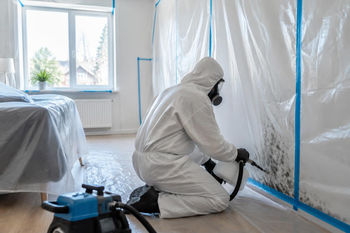 Tekniker i beskyttelsesdragt og maske sanerer skimmelsvamp i et afdækket rum
