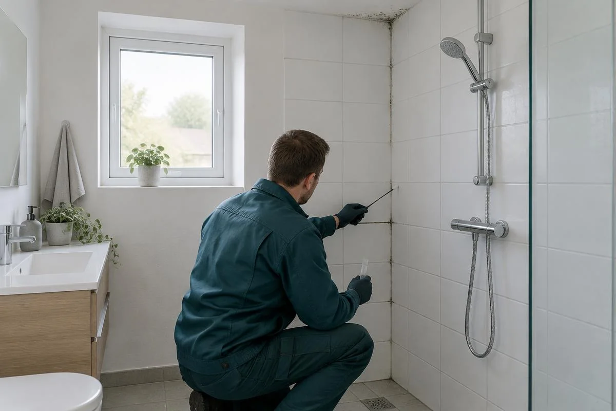 Tekniker undersøger skimmel i fuger og et loftshjørne i et lyst badeværelse
