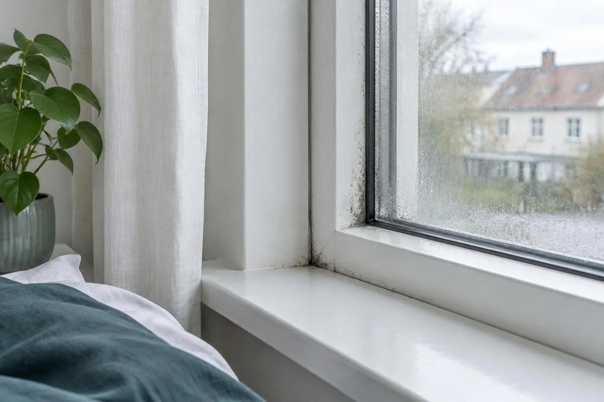 Kondens og små skimmelpletter ved et vindues indvendige karm