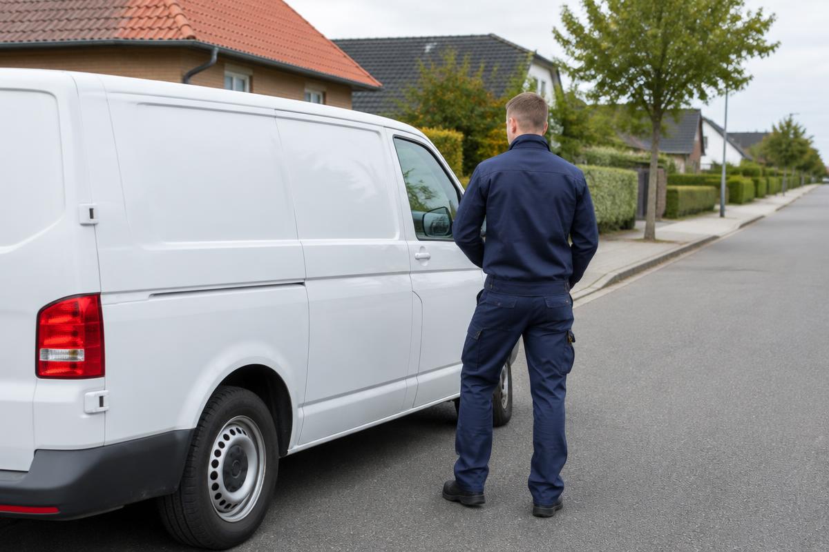 Tekniker fra Skimmelpatruljen ved firmabilen